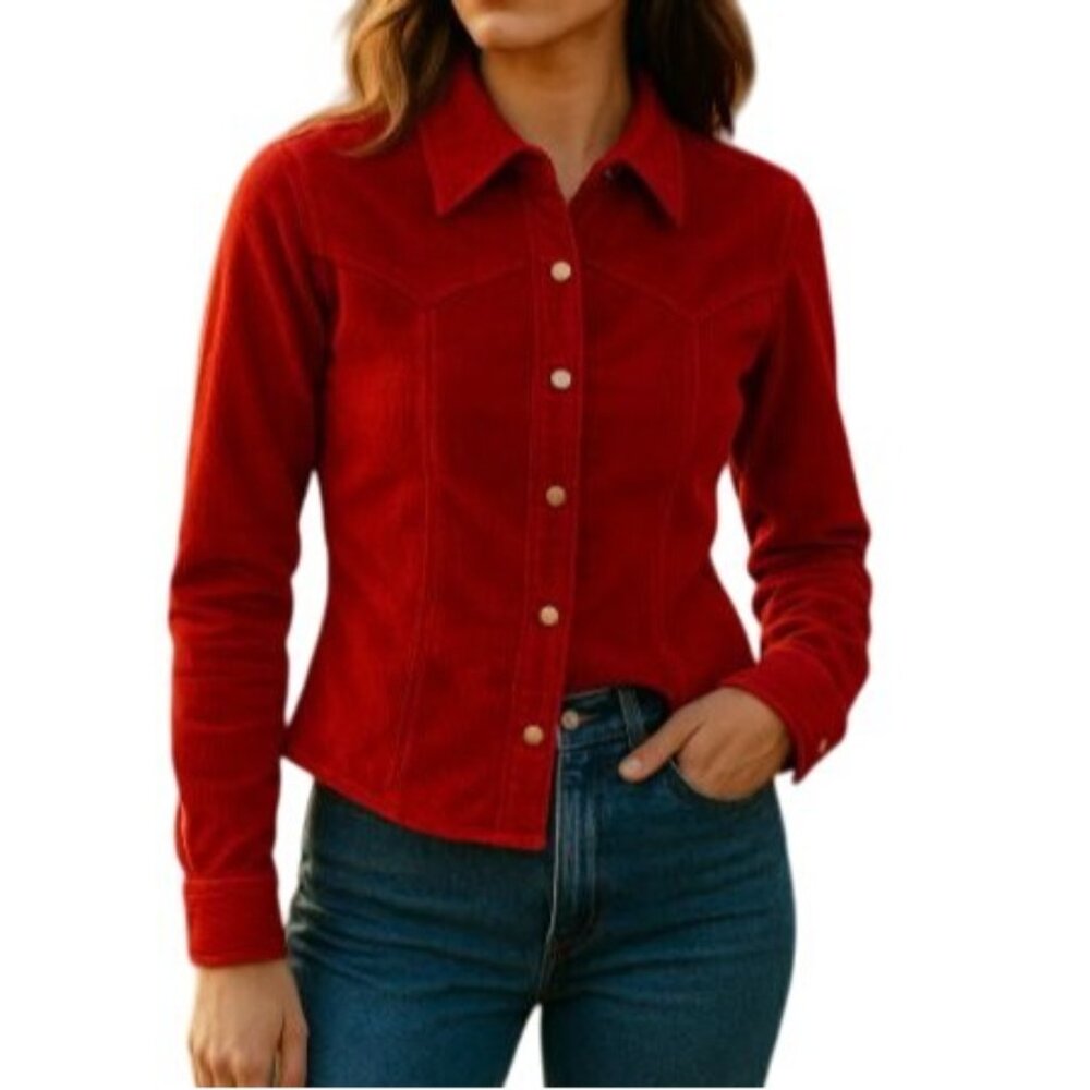 Vintage Live a Little S Red Corduroy Jacket Western Yolk Snap Button Long Sleeve
